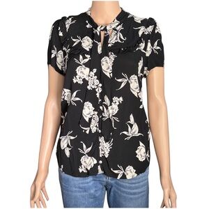 Maeve Black Floral Ruffle Front Tie Blouse Size M